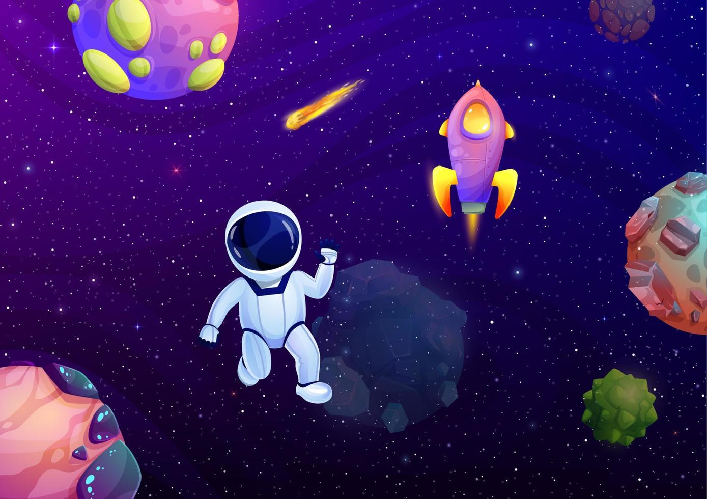 astronauta de dibujos animados, planetas, cometa en el espacio exterior vector