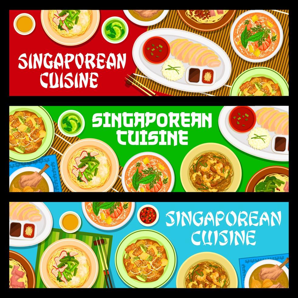 banners de comida de cocina singapurense, platos de singapur vector