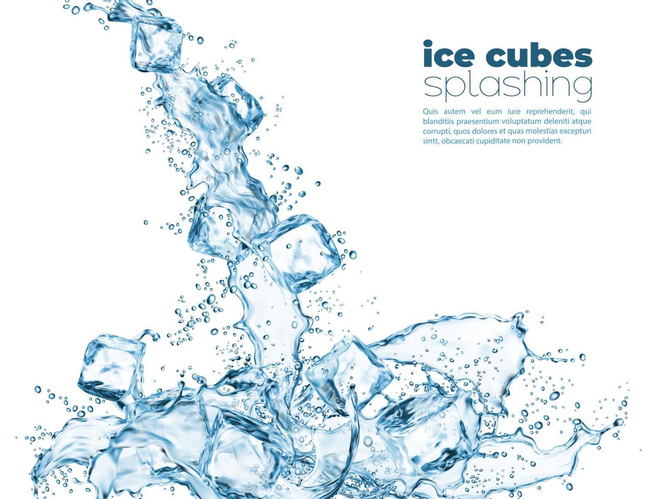 Blue water wave cascade splash and ice cubes vector
