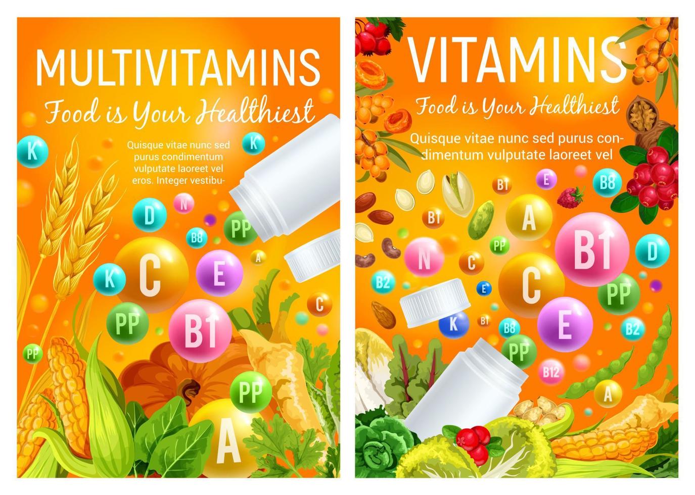 Vitamins pills in vegetables and fruits vector