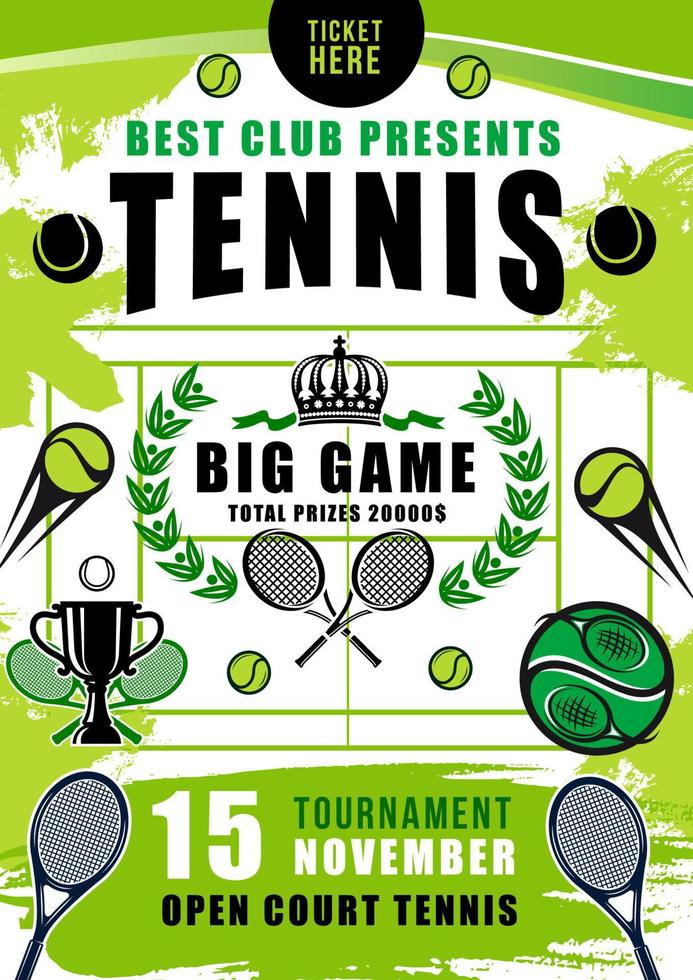 Tennis tournament, court, balls and rackets vector