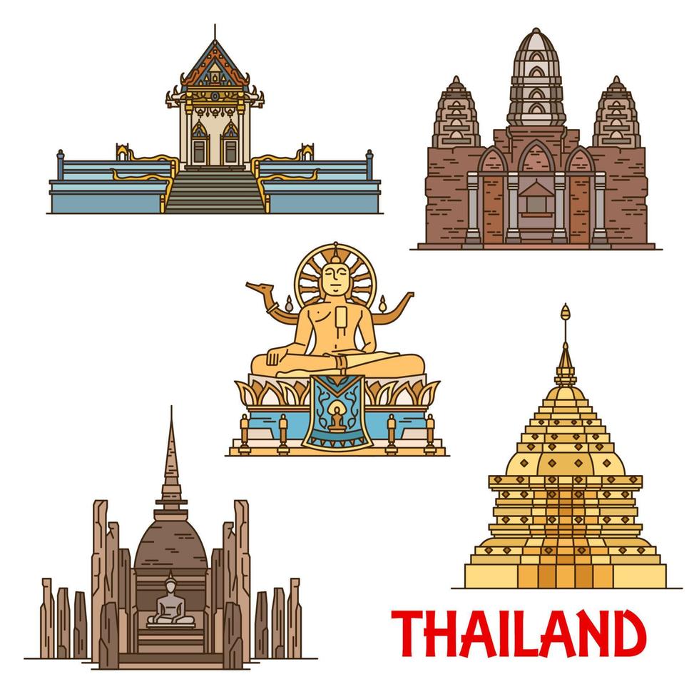 Thai travel landmarks. Ancient temples, pagodas vector