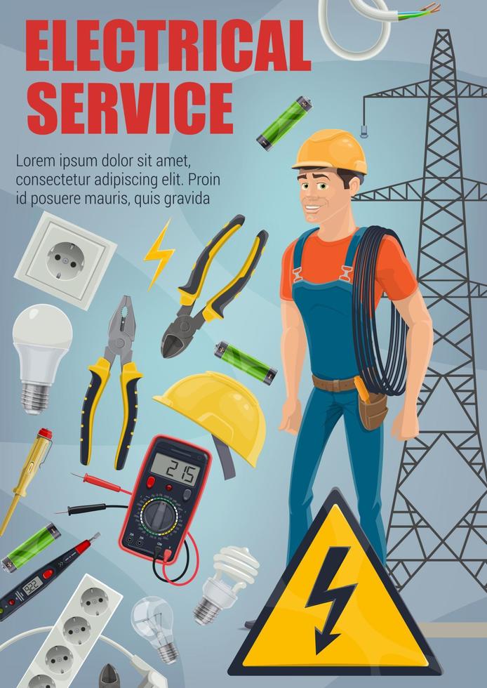 Electrician with tools. Equipment and service vector