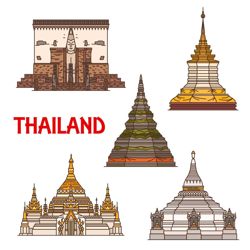 Thai travel landmark icons, vector buddhist temple