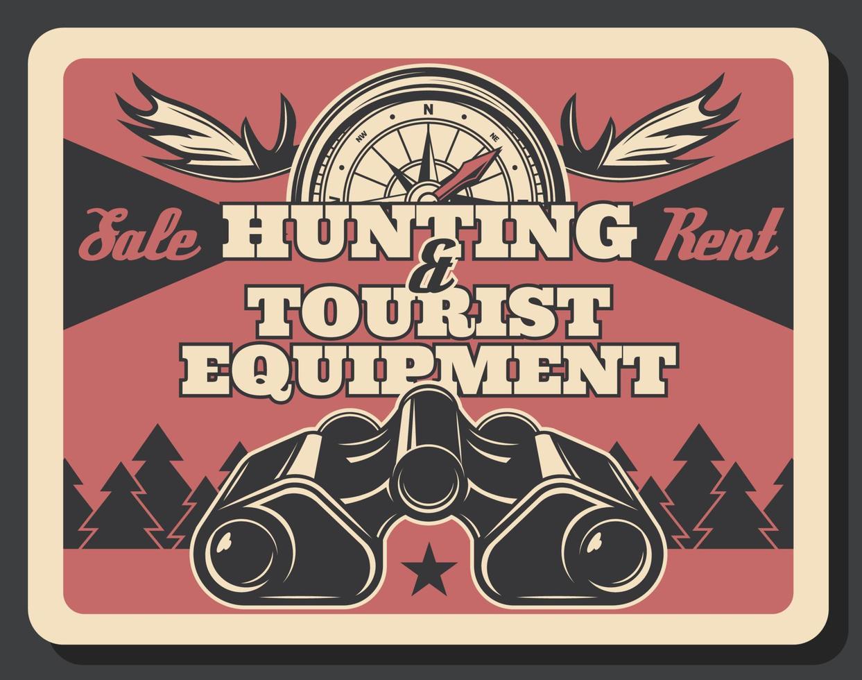 Hunting equipment, tourist binoculars and compass vector