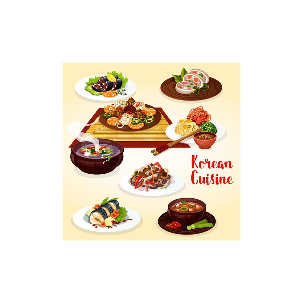 Korean cuisine veggies, meat and fish dishes vector