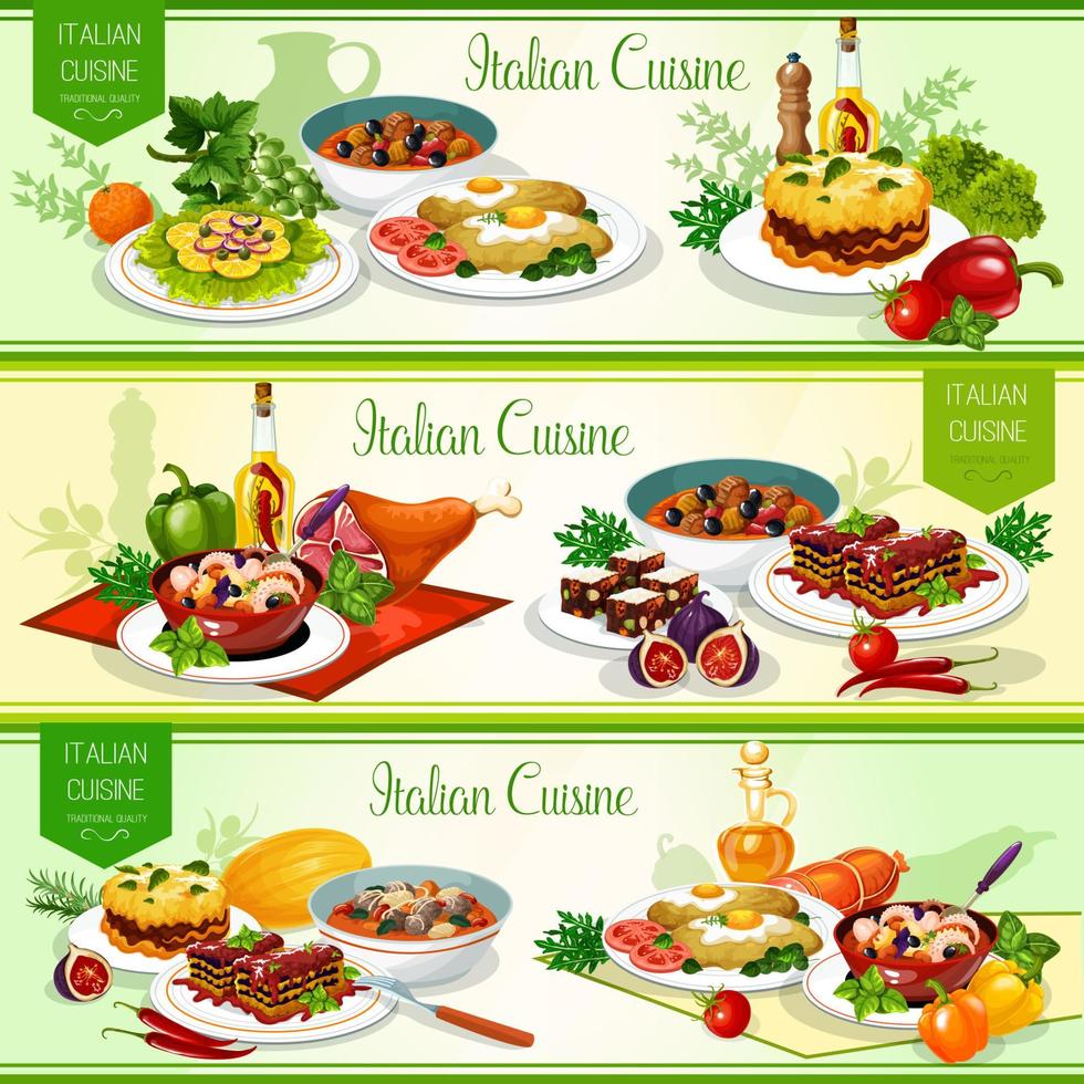 platos de cocina italiana, ensalada y postre de frutas. vector