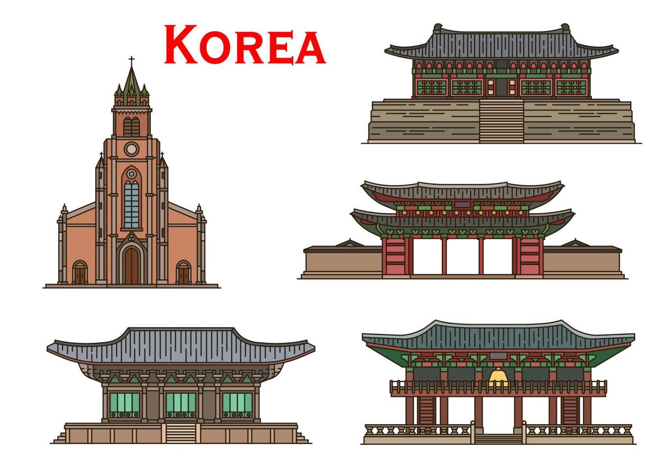 Korean travel landmarks ancient buildings vector