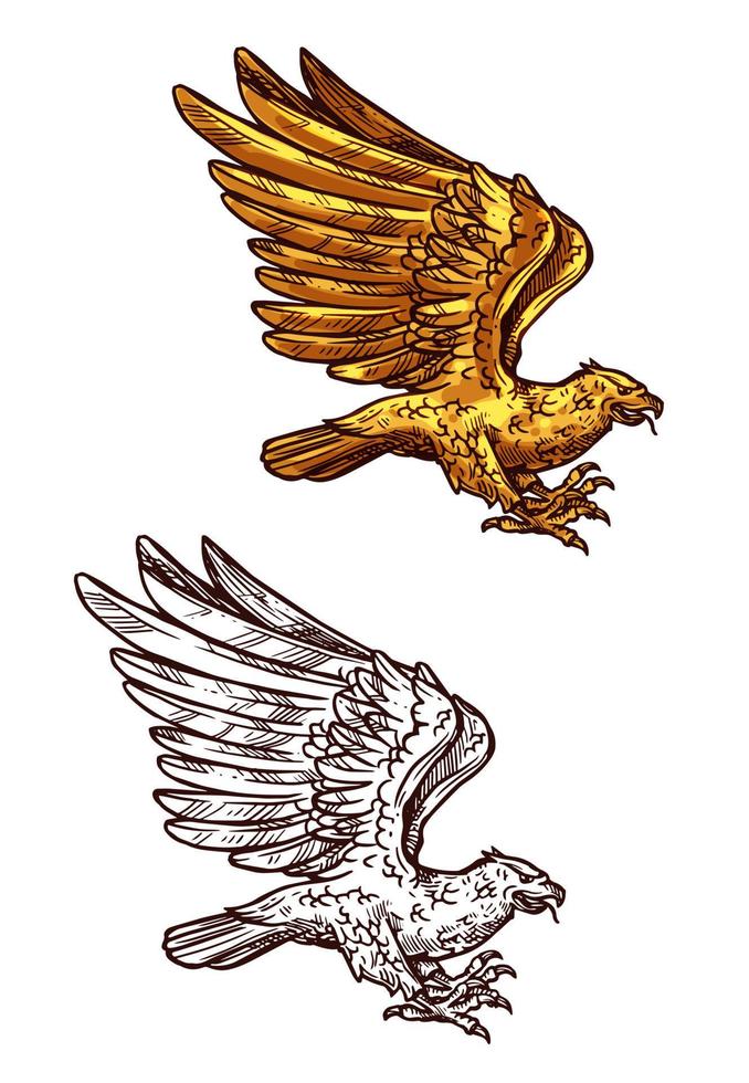 Eagle, gold heraldic falcon or hawk bird vector