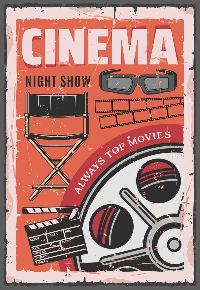 Cinema night movie, film reel, 3d glasses vector