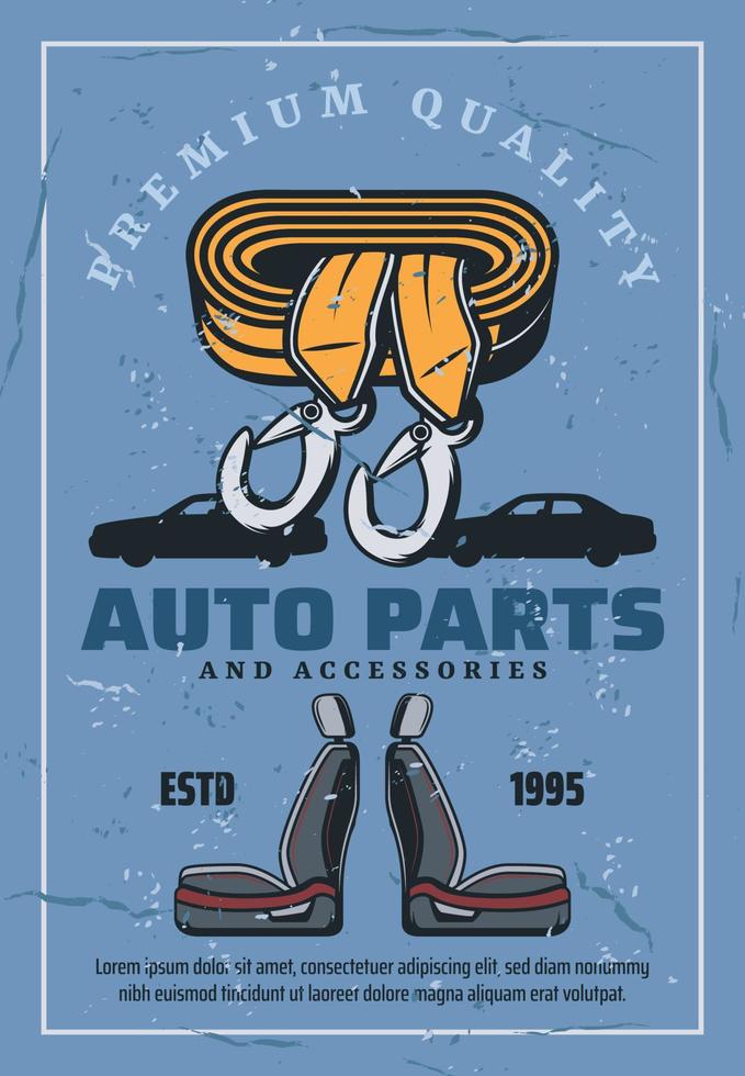 Car seats and towing rope. Spare parts store vector