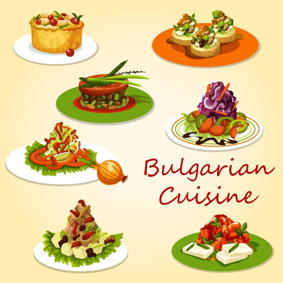 Bulgarian cuisine meat and veggies salads, snacks vector