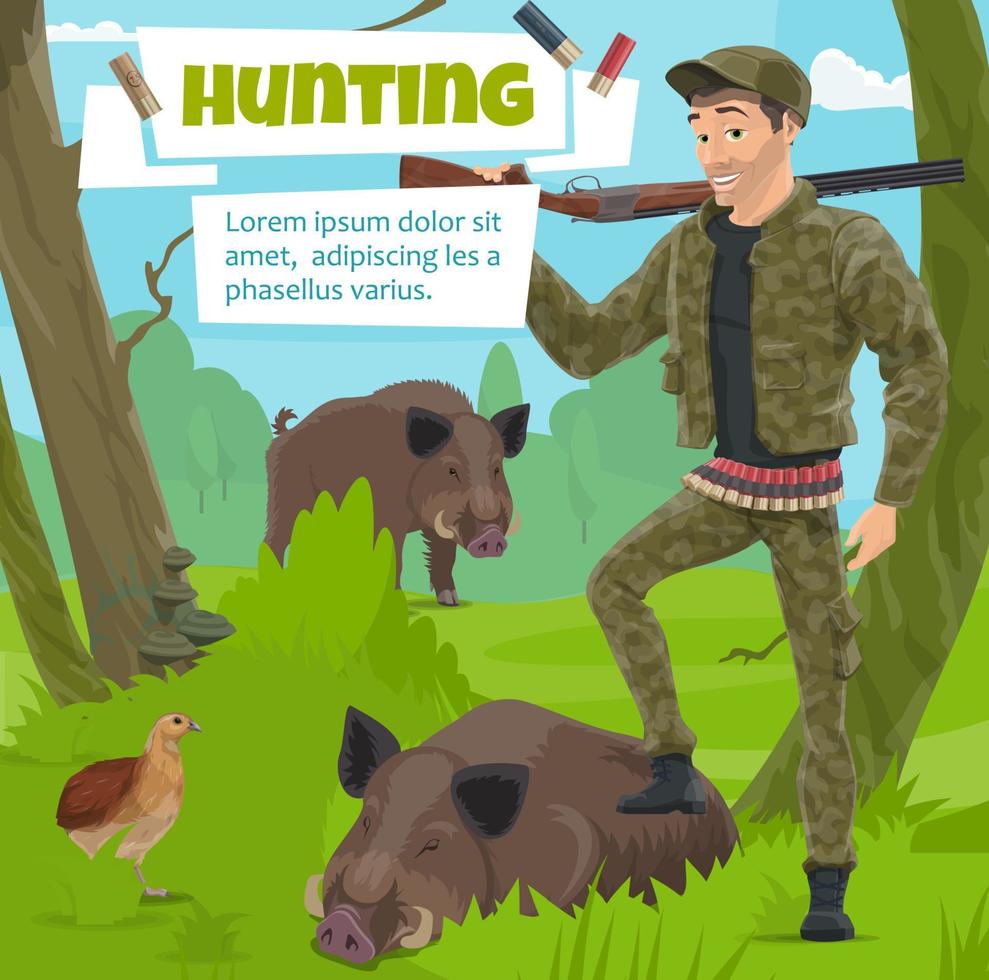 Hunter with wild animals trophy in forest 16162850 Vector Art at Vecteezy