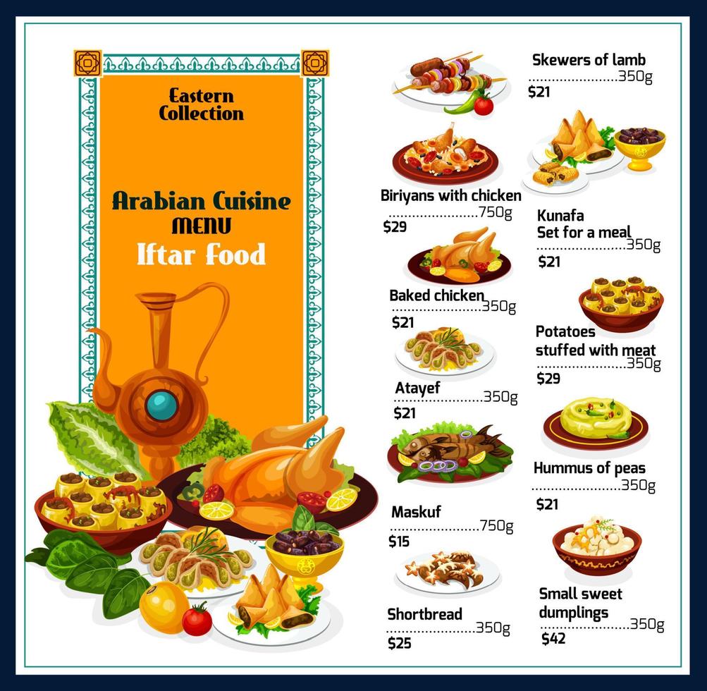 Arabian cuisine traditional dishes food menu vector