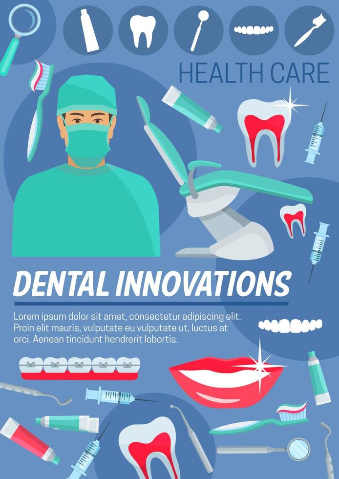 Dental innovations, doctor and dentistry tools vector