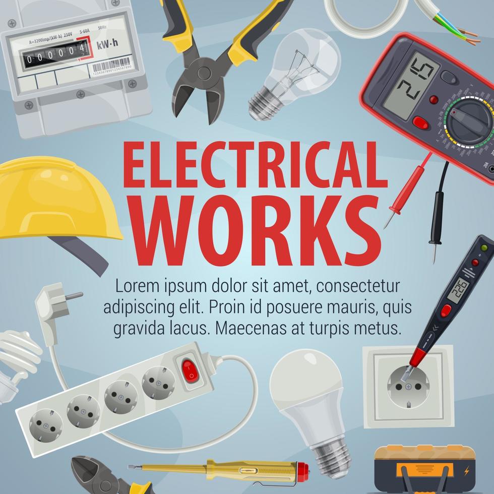 Electrician tools icons and electrical works vector