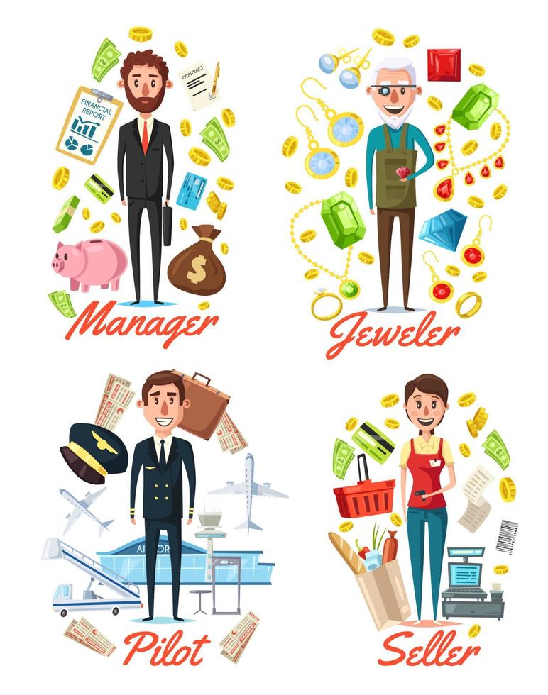 Manager, jeweler pilot and seller profession vector