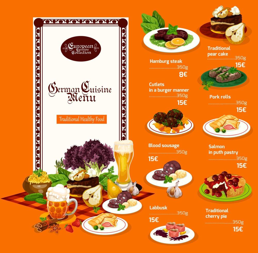 German cuisine dishes and drinks, vector menu