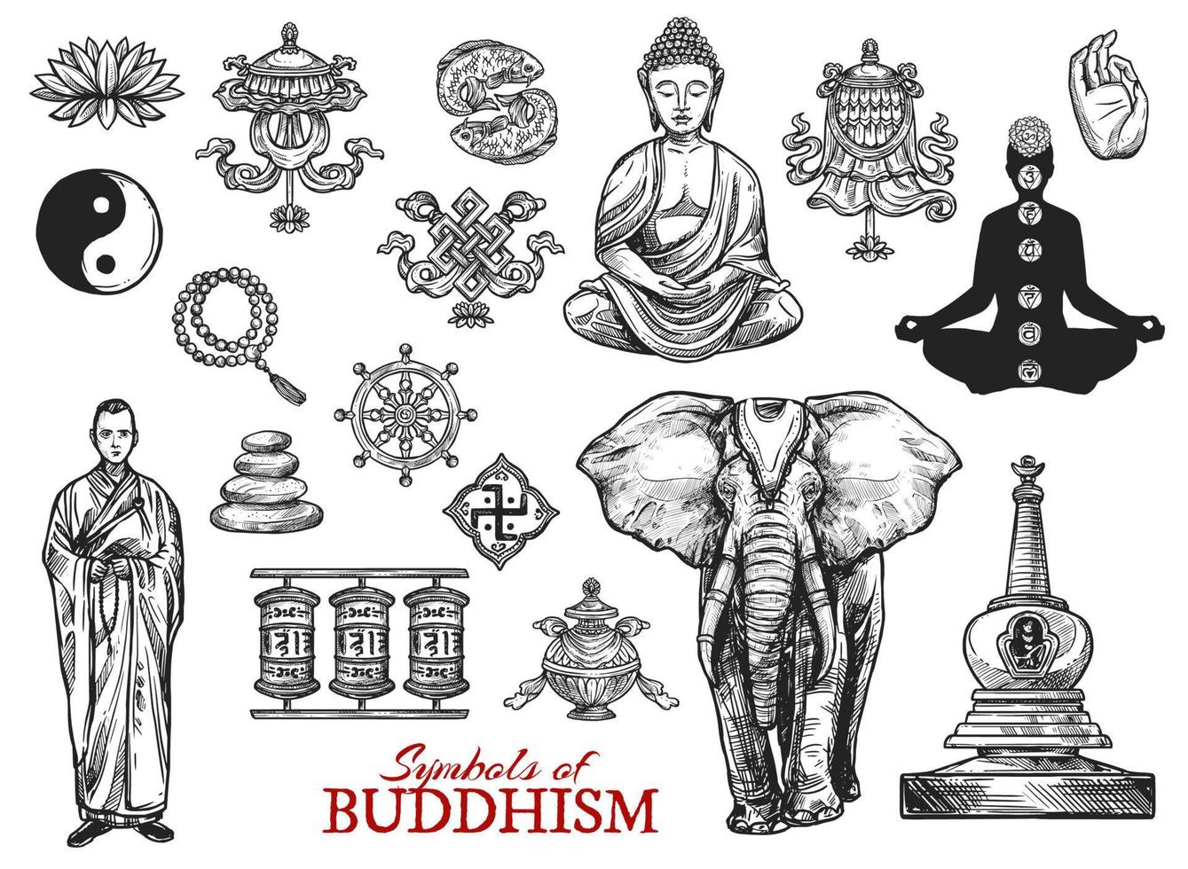 Buddhism religion symbols sketch vector icons