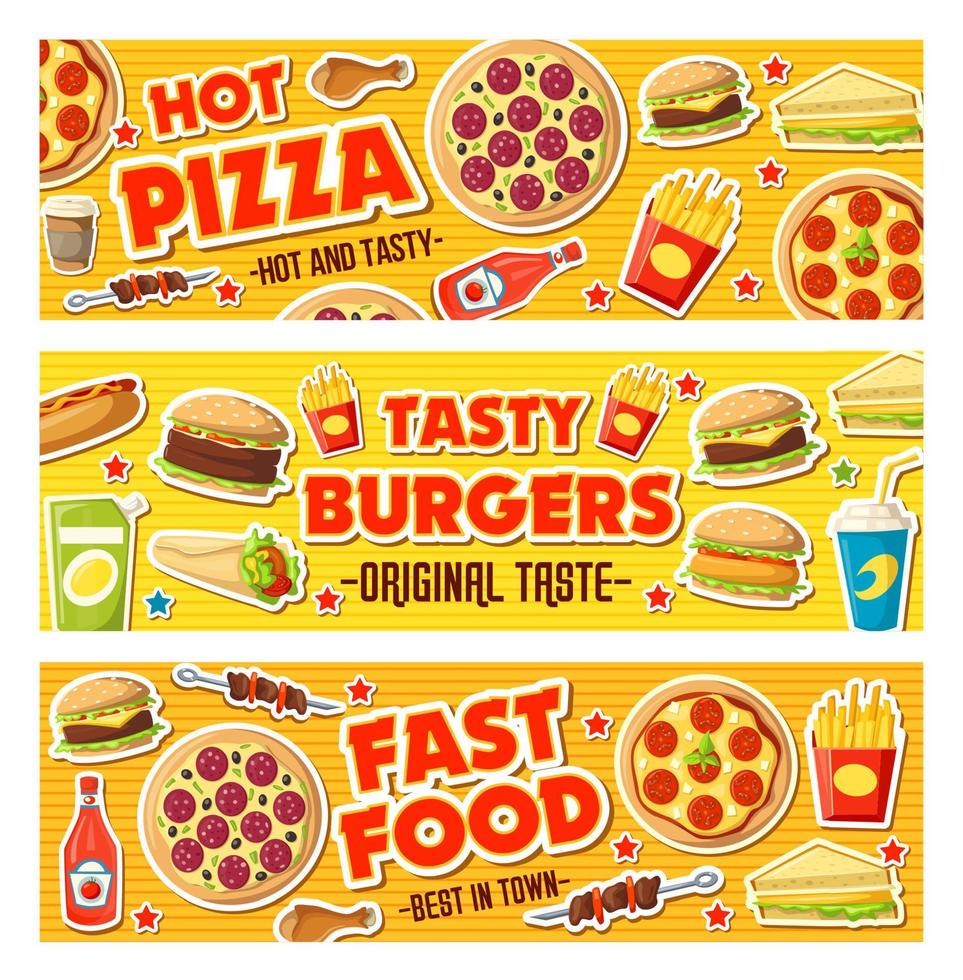 Pizza, burgers and fast food meals, vector