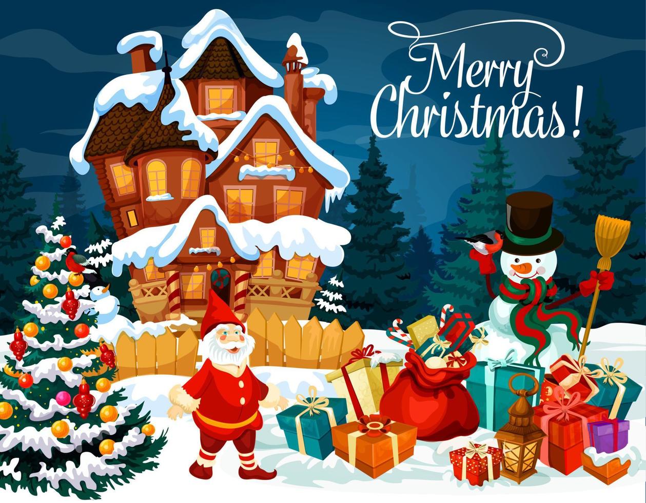 Christmas gifts, snowman and dwarf greeting card vector