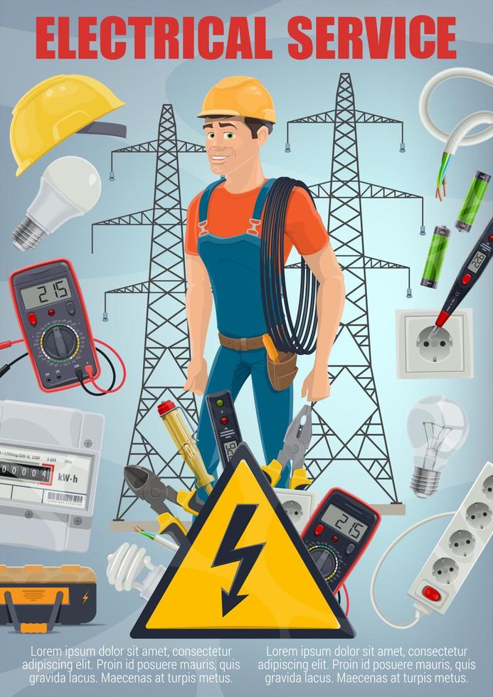 Electrical repair service. Electrician and tools vector