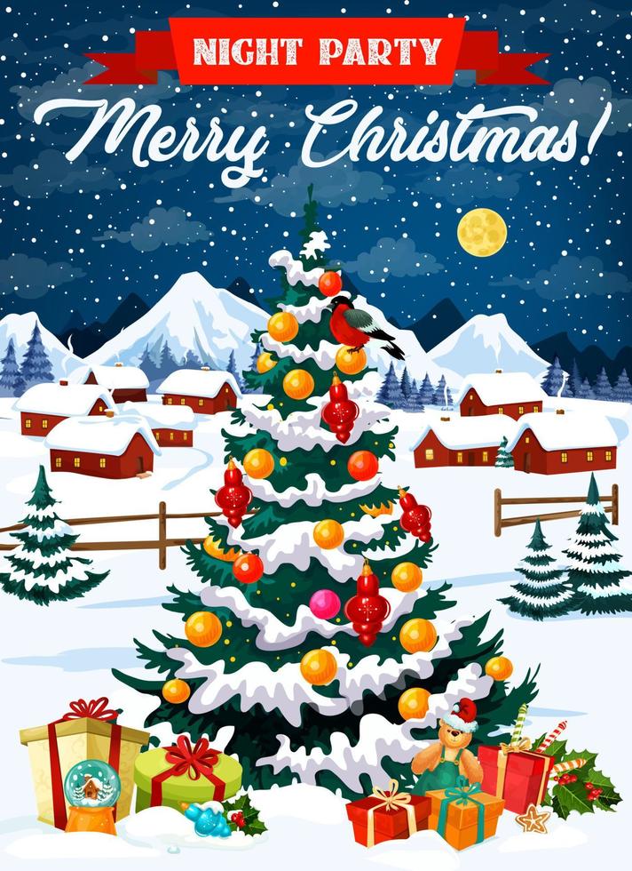 Night party in Christmas eve poster with Xmas tree vector