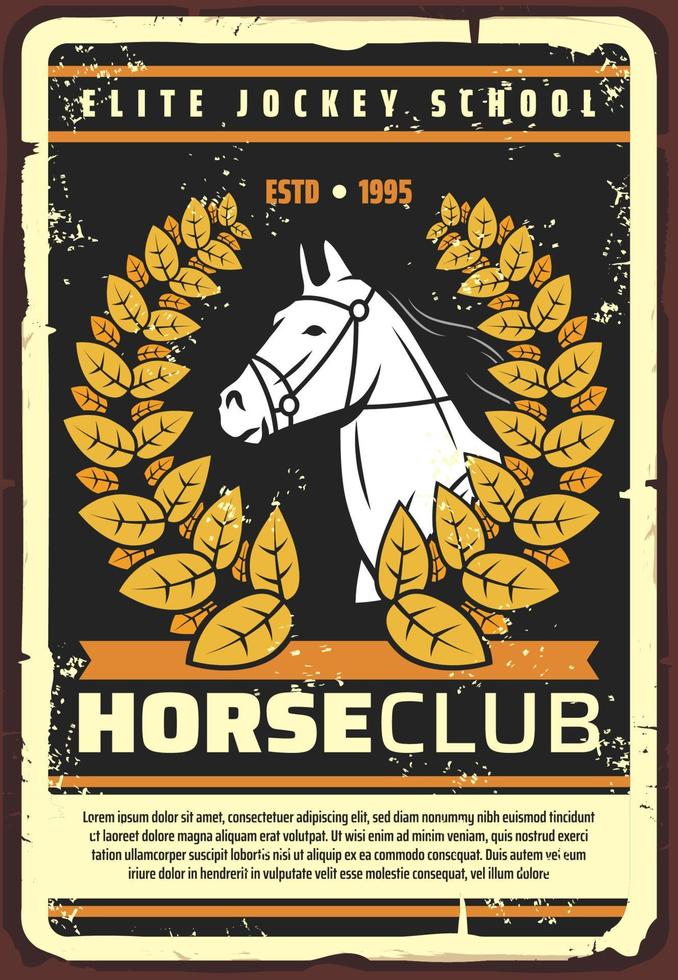 Horserace club horse, jockey school retro poster vector