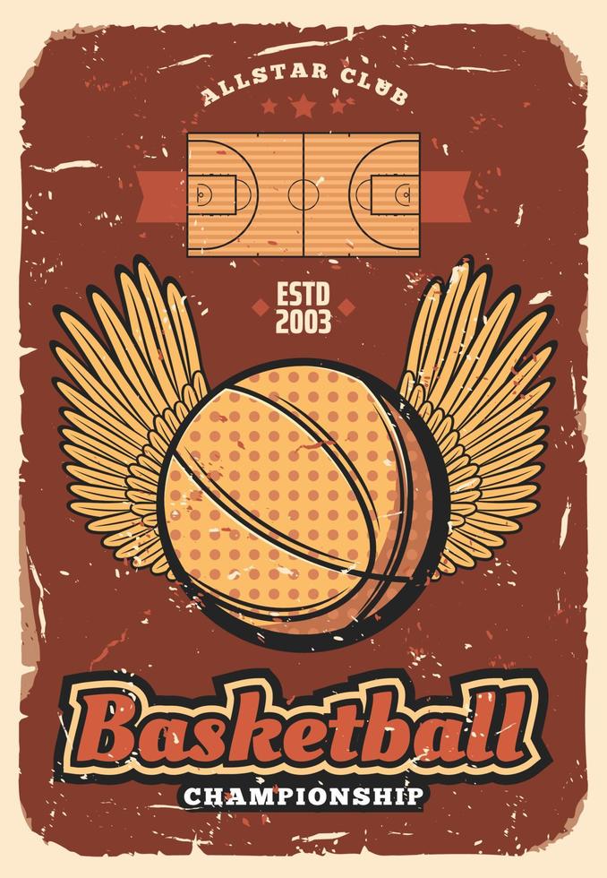 pelota deportiva de baloncesto con alas, afiche retro vector