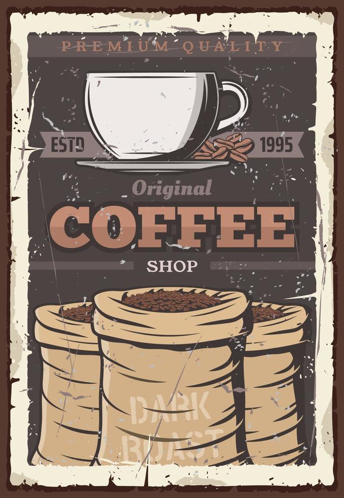 Coffee cup and beans in bag, vintage vector poster