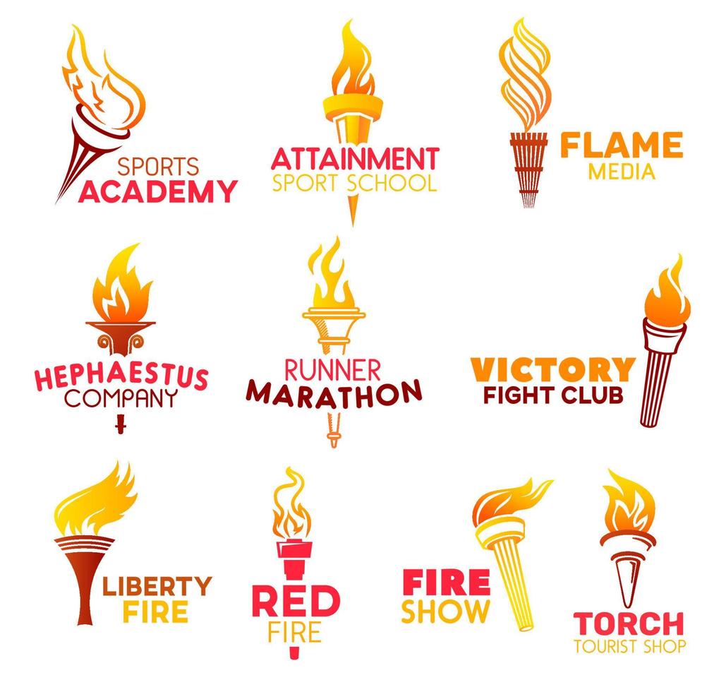 Red flaming fire torch, vector icons