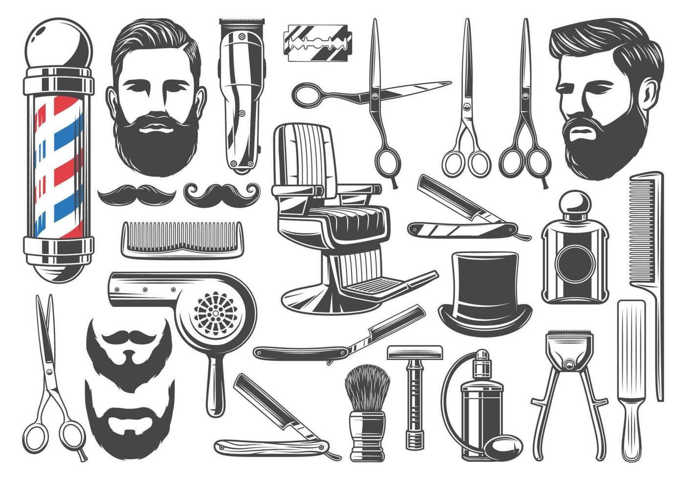 iconos de equipos de corte y afeitado de peluquería vector