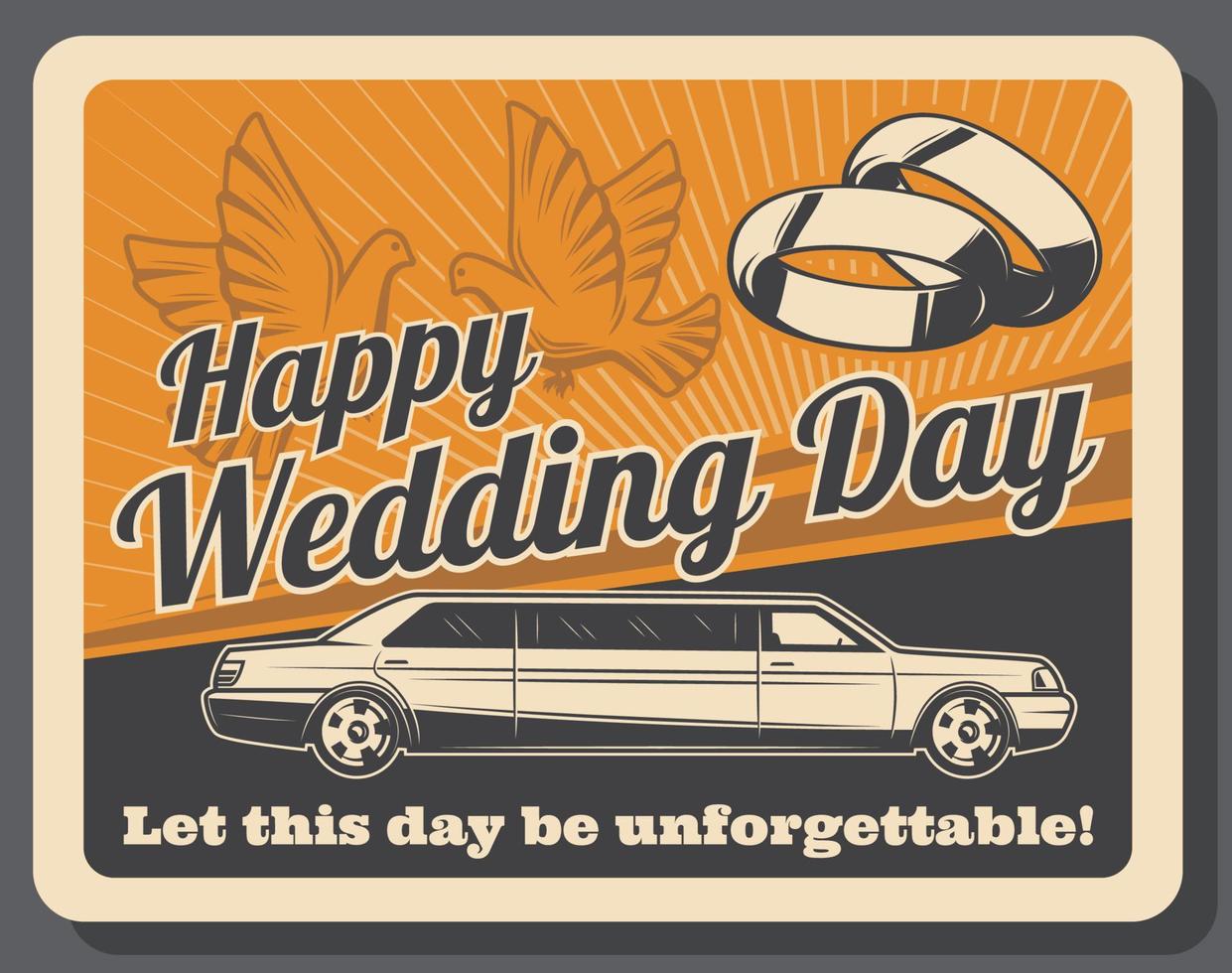 Limousine rent, wedding ceremony, bridal rings vector