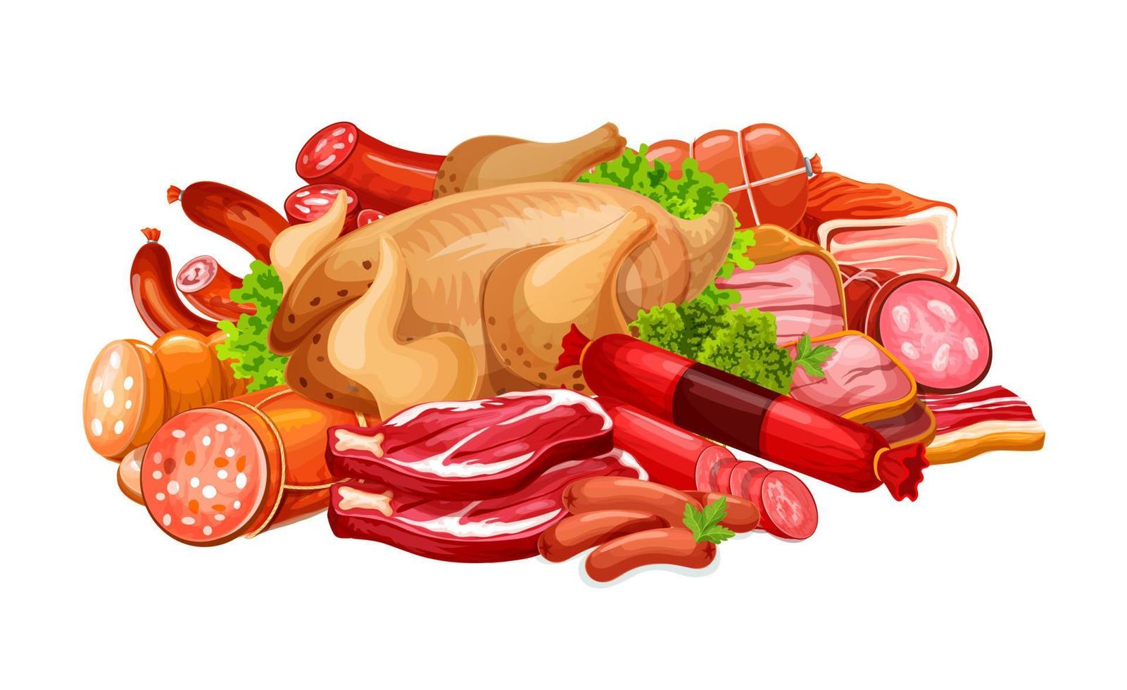 Sausages with meat products and poultry in heap vector