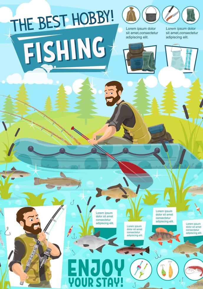 Fisherman in boat with fish on rod. Fishing sport vector