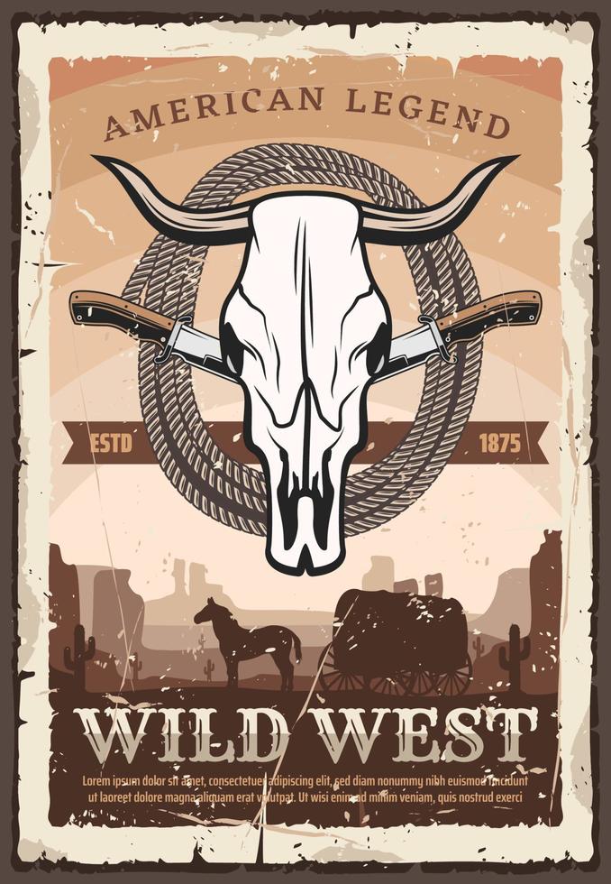Wild west retro poster, bull skull and knives vector