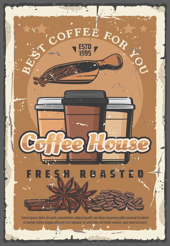 Coffee house retro poster, takeaway paper cups vector