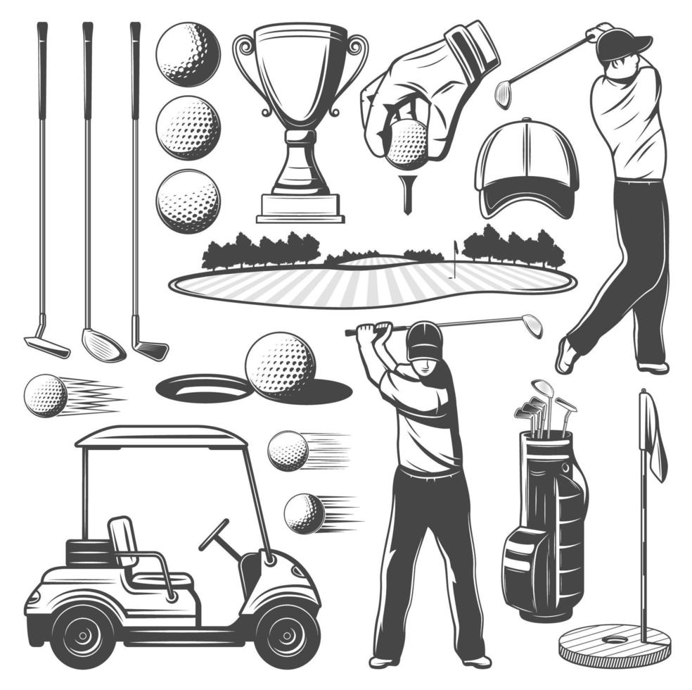 Golf sporting items, player monochrome icons vector