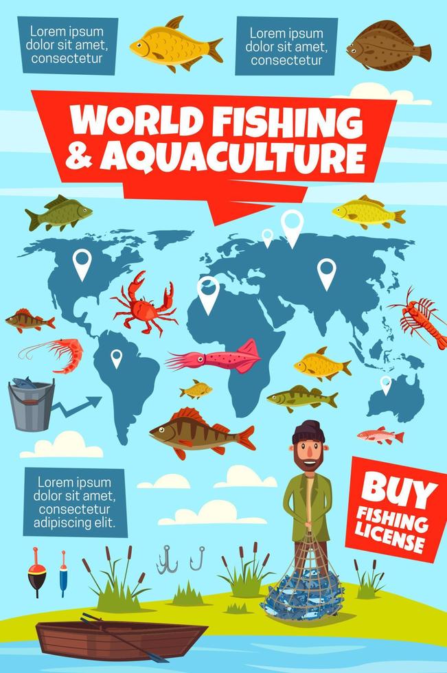 infografía deportiva de pesca con mapa mundial de pesca vector