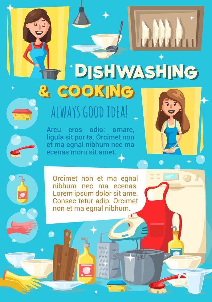 Woman cooking and washing dishes. Catering service vector