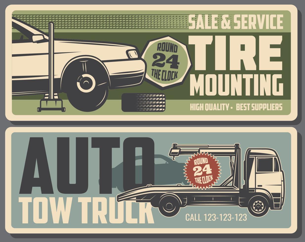 Tire mounting and tow truck service vector