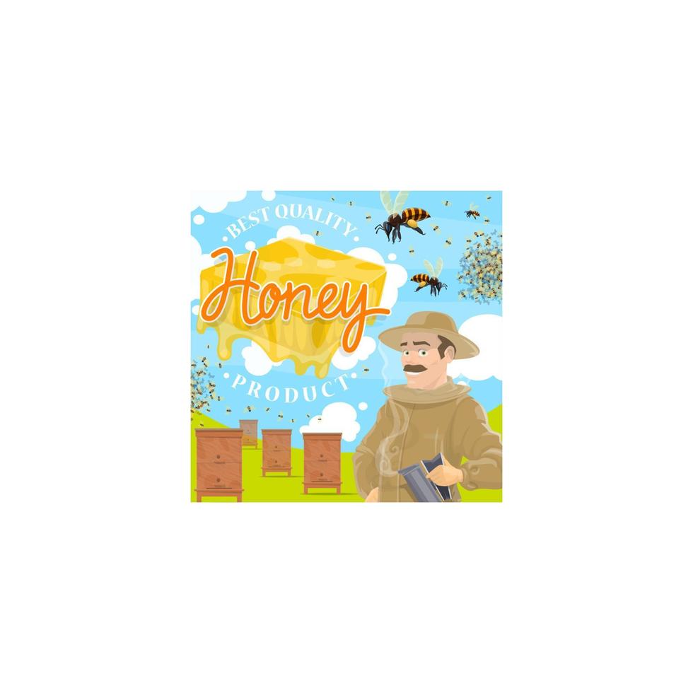 Beekeeping farm poster with beekeeper at apiary vector