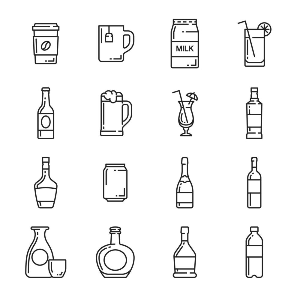 Drinks bottle, cup and mug vector icons