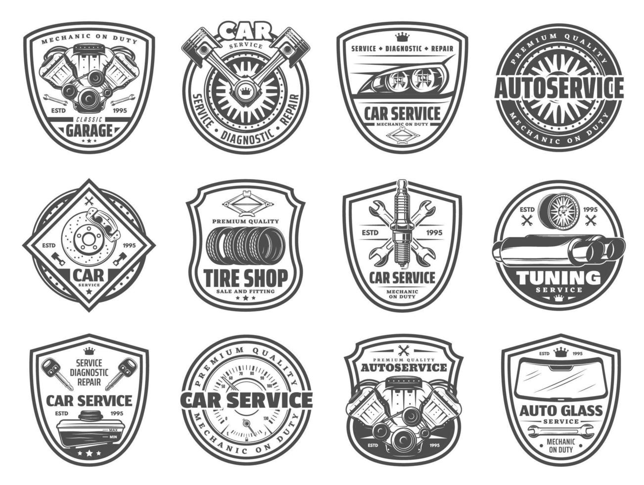 Spare parts, car service and garage station icons vector