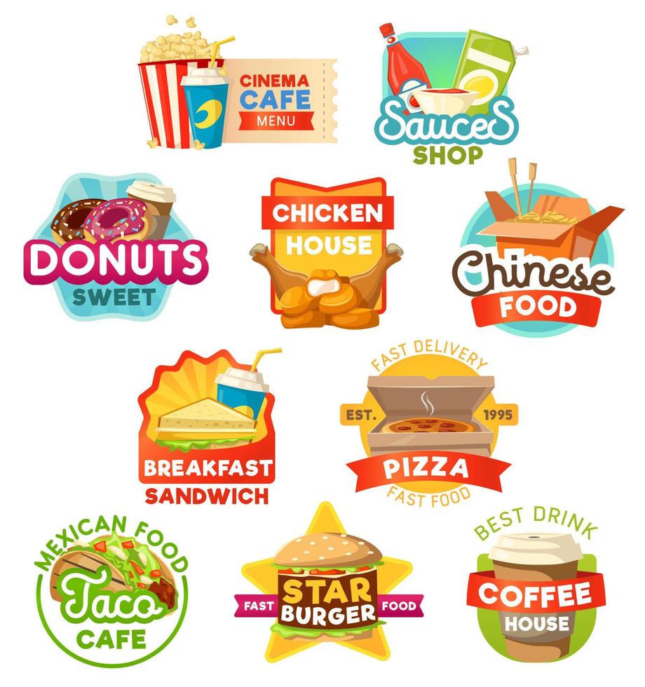 iconos vectoriales de comida rápida, dulces y bebidas vector
