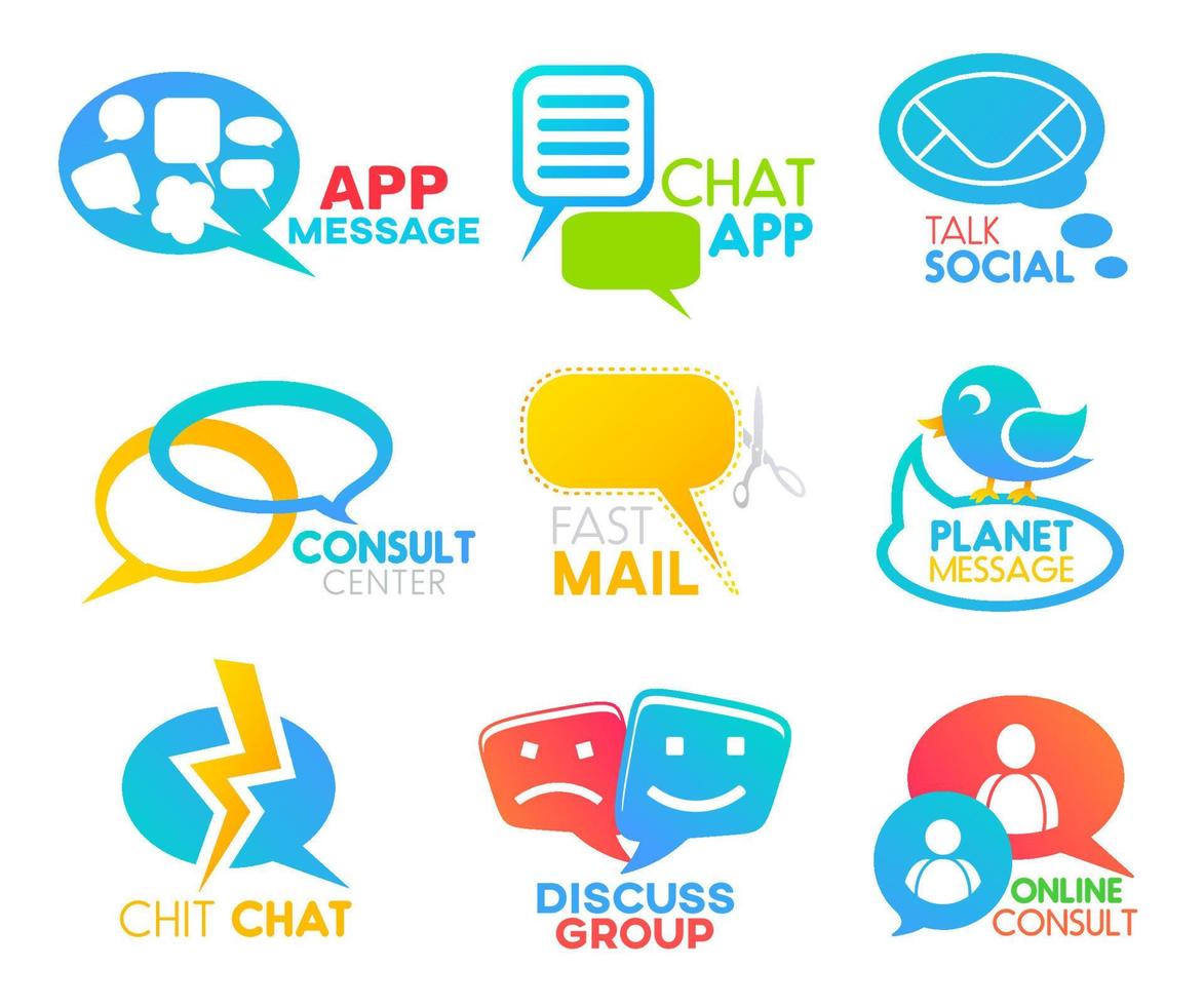 Chat bubble, social media, speech talk app icons vector