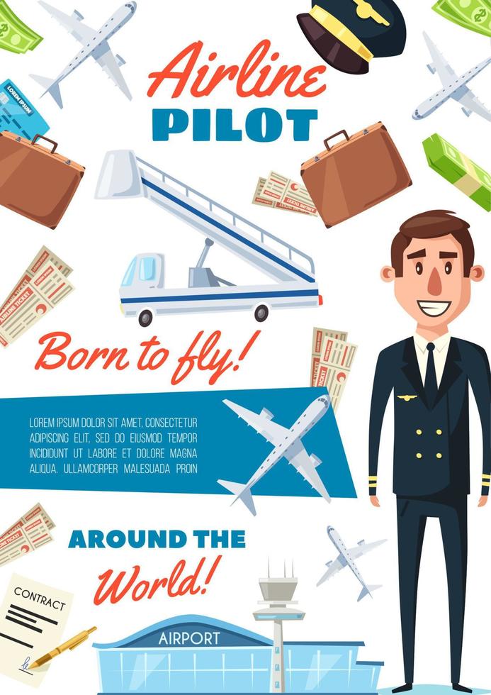 Airline pilot profession, captain in uniform vector