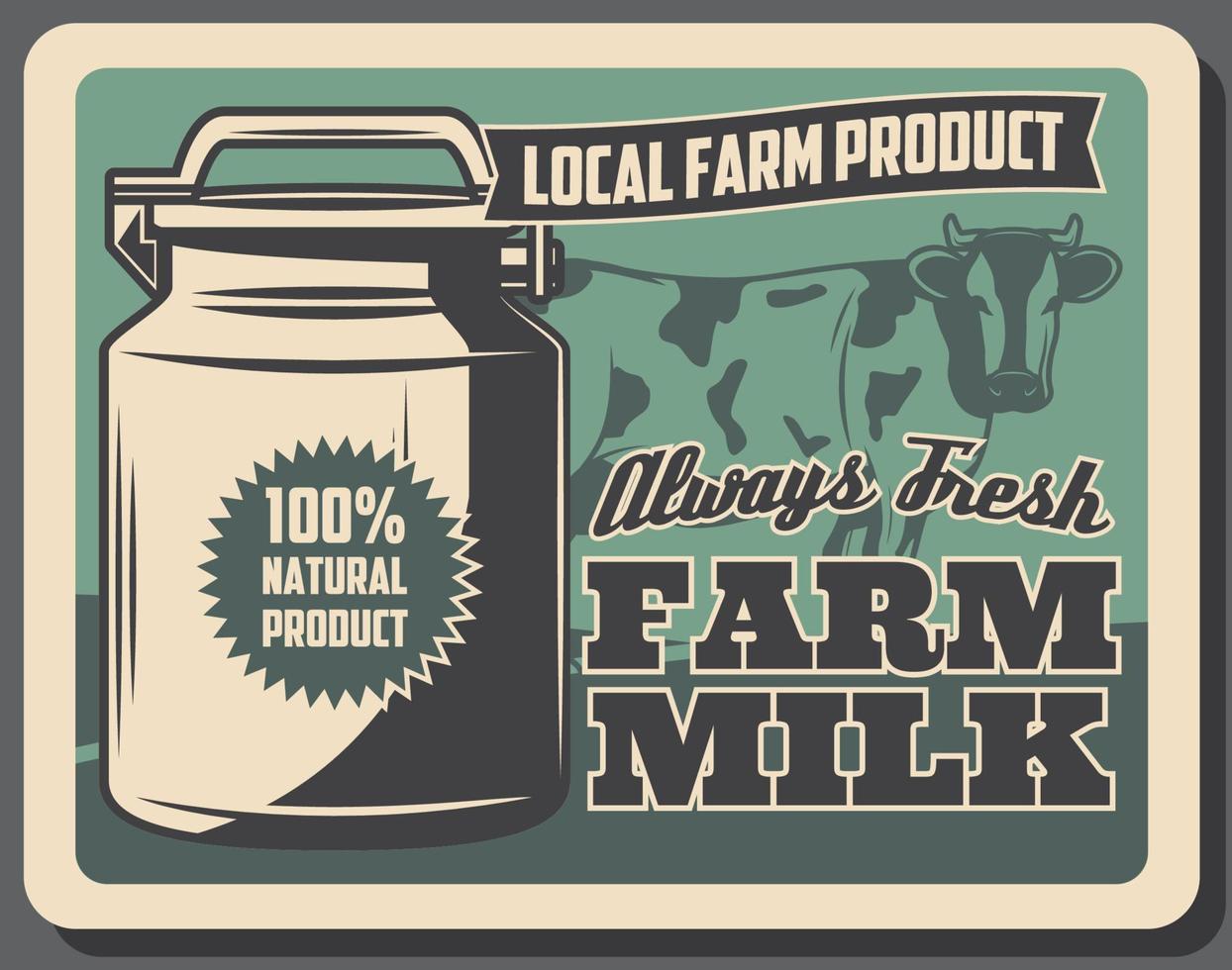 Farm milk retro poster with cow and metal can vector