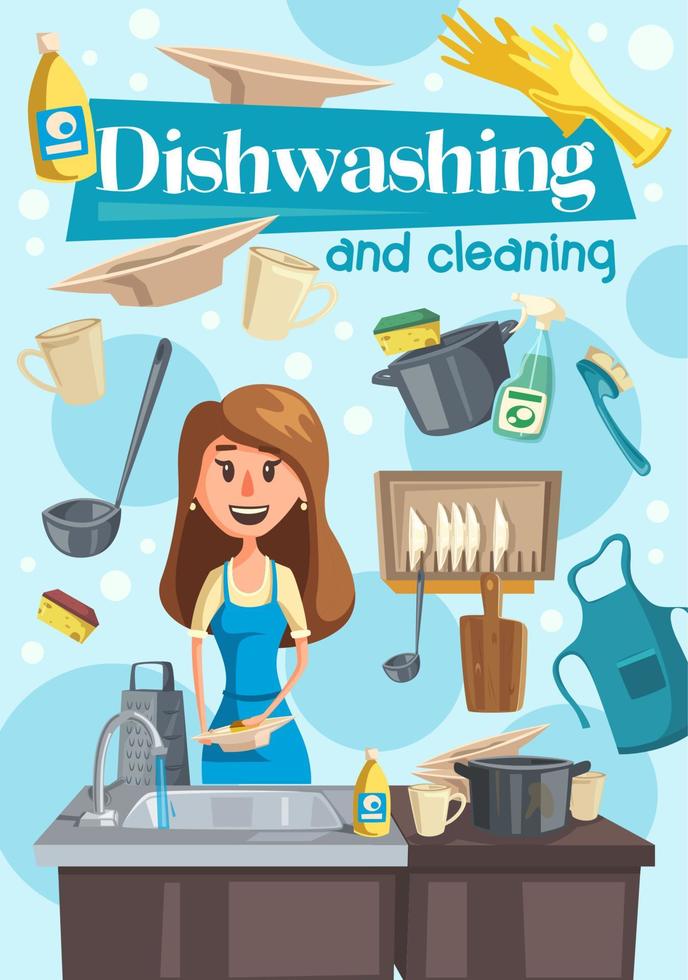 Dish washing and cleaning at home vector