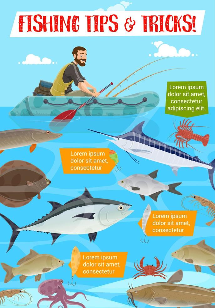 consejos y trucos deportivos de pesca, vector de dibujos animados